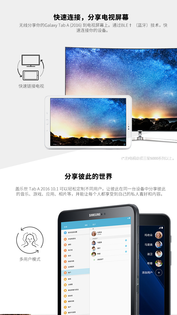 三星Galaxy Tab A 10.1英寸 平板电脑 （八核CPU 1920x1200 2G/16G WIFI版 7300ma电池）白色 T580-京东